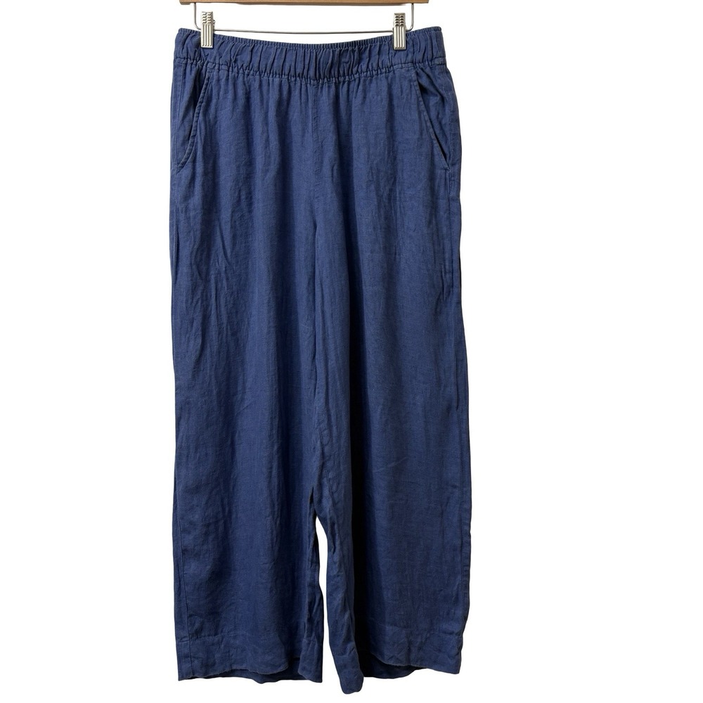 Tahari Blue 100% Linen Essentials Wide Leg Cropped Pants Size Medium